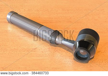 Dermatoscope On The Wooden Table. 3d Rendering