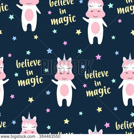 Unicorns Dreams Magical Seamless Repeat Pattern, Graphic Print Design, Cute Unicorn, Srars And Lette