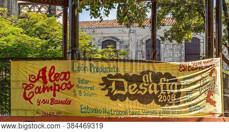Leon, Nicaragua - November 27, 2008: Yellow Banner Announcing Celebration Of Heroes Martyrs Of Commu