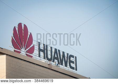 Belgrade, Serbia - August 13, 2018: Huawei Logo On Their Office For Serbia In Belgrade. Huawei Techn