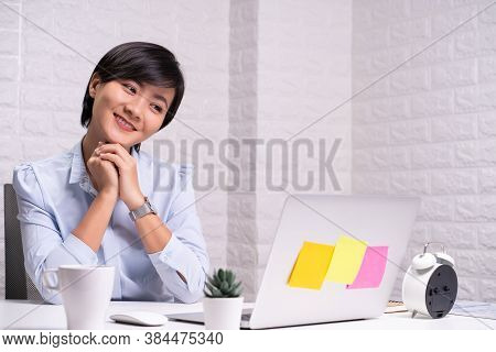 Happy Woman Sitting At Home Office Working Using Computer Laptop