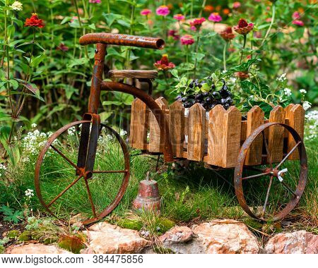 Bicycle-shaped Flower Stand On A Flower Bed In The Garden.