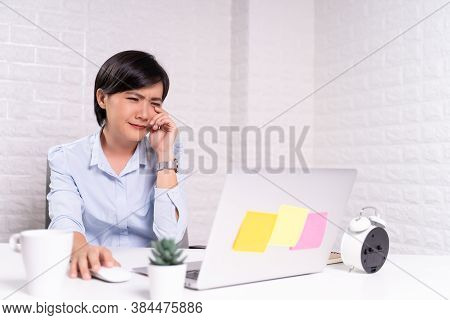 Sad Woman Sitting At Home Office Working Using Computer Laptop