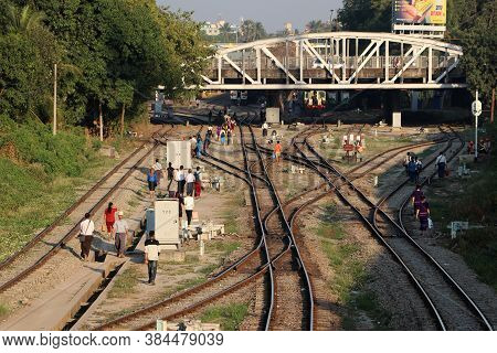 Yangon, Myanmar, Feb 20, 2019 : The Railway Tracks That Connects Together So Much And People Walk A 