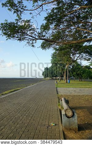 Banyuwangi, Indonesia - July 27, 2020  : A Woman With The Dogs Walking At New Marina Boom Beach Bany