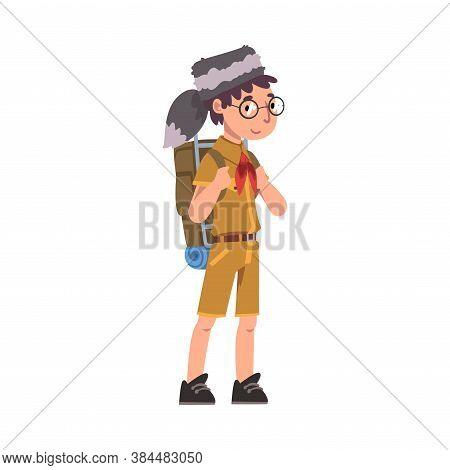 Scout Boy With Backpack, Scouting Kid Character Wearing Uniform, Neckerchief And Coonskin Cap, Summe
