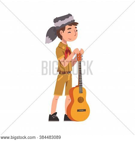 Scout Boy Standing With Guitar, Scouting Kid Character Wearing Uniform, Neckerchief And Coonskin Cap