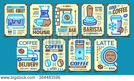 Coffee Creative Advertising Posters Set Vector. Coffee Making Machine And Graffin, Cup And Beams, Sh