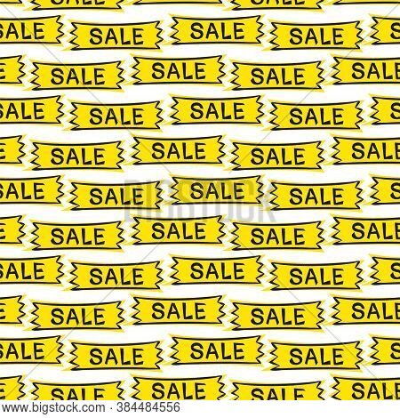 Seamless Pattern With Yellow Stickers For Sale In Pop Art Style. Cartoon Coupons With Discounts. Vec