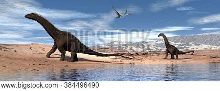 Alamosaurus Dinosaurs Walking Peacefully Next To A Lake And Under Quetzalcoatlus Flying - 3d Render