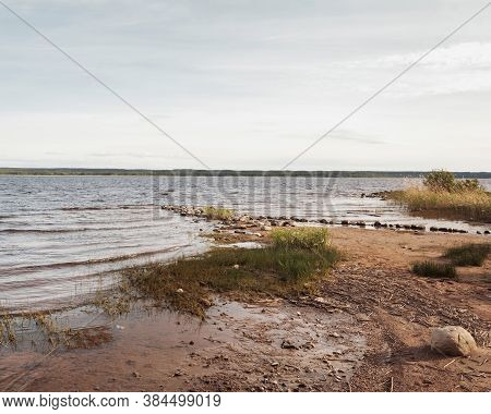 Huge Stones On The River Bank. Vuoksa River Near Imatra In The Leningrad Region, Russia. Coastline W