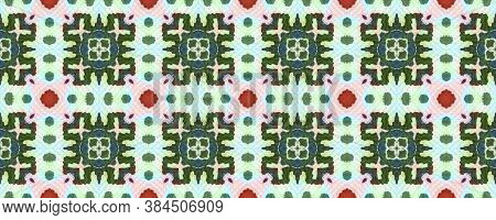 Boho Fabric. Seamless Tie Dye Rapport. Ikat Asian Print. Abstract Kaleidoscope Design. Green, Blue, 