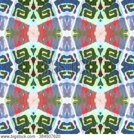 Tribal Boho Pattern. Abstract Kaleidoscope Design. Blue, Green, Indigo, Denim Seamless Texture. Repe