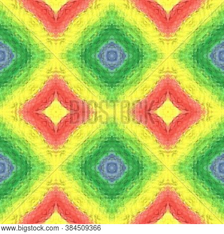 Tibetan Fabric. Yellow, Red, Green Seamless Texture. Abstract Batik Print. Seamless Tie Dye Illustra