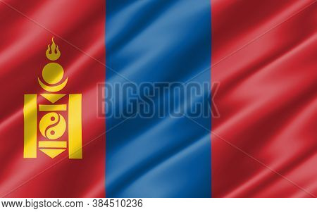 Silk Wavy Flag Of Mongolia Graphic. Wavy Mongolian Flag Illustration. Rippled Mongolia Country Flag 