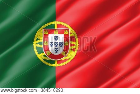 Silk Wavy Flag Of Portugal Graphic. Wavy Portugese Flag Illustration. Rippled Portugal Country Flag 