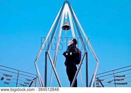 Sapporo, Hokkaido, Japan - December 2019 : A Man At Top Of Mt. Moiwa In Sapporo City With Night City