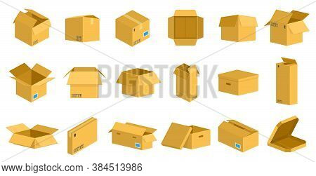 Storage Cardboard Boxes. Packaging Delivery Cardboard Box, Brown Postal Parcel Package, Open And Clo