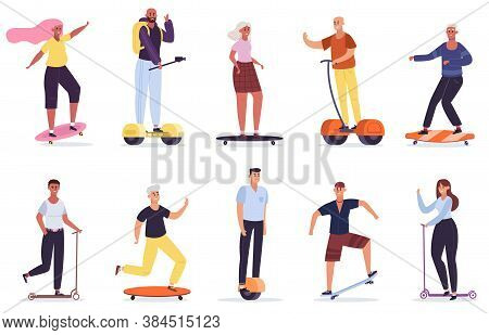 People With Personal Vehicles. Eco Friendly Transport Devices, Man And Woman Riding Skateboard, Kick