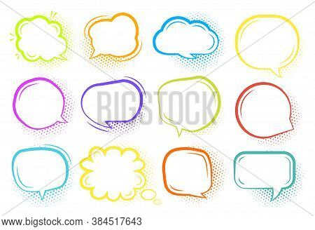 Comic Speech Bubble Set. Colored Pop Art Line Doodle Bubbles. Cartoon Empty Text Clouds With Halfton