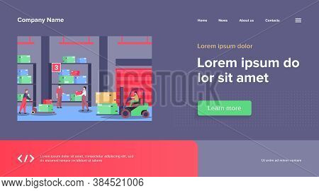 Logistic Workers Carrying Boxes With Loaders In Warehouse. Couriers Wheeling Carts With Cargo, Ridin