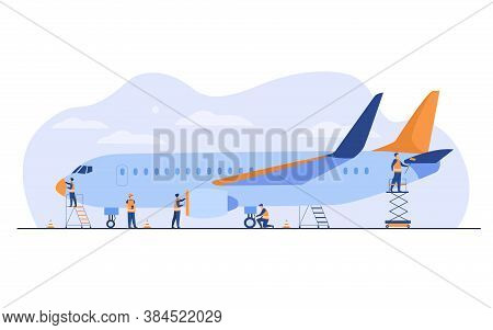 Plane Service Isolated Flat Vector Illustration. Cartoon Mechanics Repairing Airplane Before Flight 