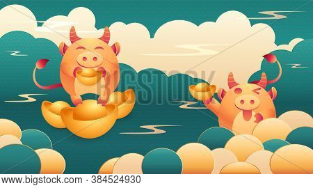 Celebration Card With Cute Mascot Year And Gold Ingot. Happy Chinese New Year 2021 Of Ox On Navy Blu