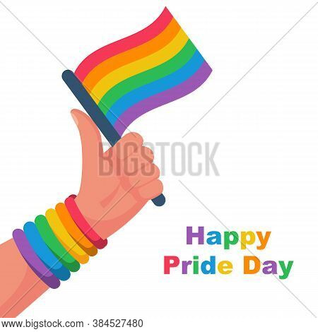 Happy Pride Day. Colored Flag As Symbol Of Freedom And Bandage On Hand. Gay Pride Concept. Flag Lgbt