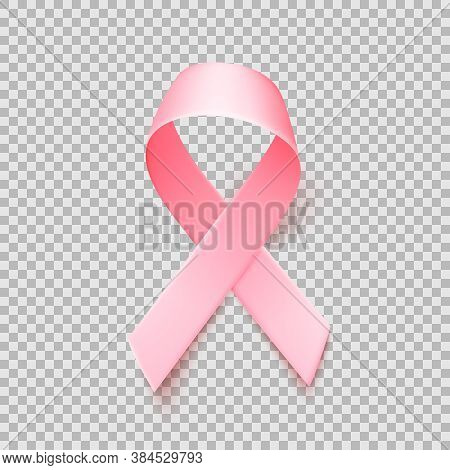 Realistic Pink Ribbon Over Transparent Background With Shadow. Symbol Of National Breast Canser Awar