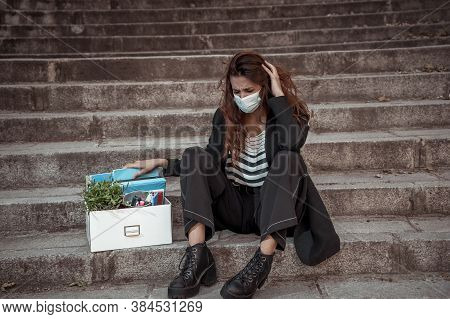 Sad Woman In Face Mask With Office Box Feeling Hopeless After Losing Job Due To Coronavirus Job Cuts