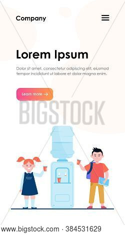 Happy Children Drinking Water At Cooler. Students, Boy And Girl, School Hallway Flat Vector Illustra
