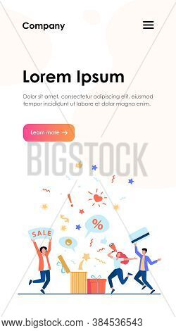 Customers Celebrating Sale. People Holding Gift, Credit Card, Loudspeaker, Dancing, Having Fun. Vect