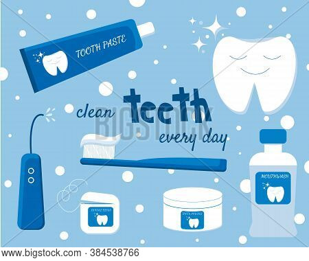 Concept Of Teeth Hygiene Items: Toothbrush, Toothpaste, Tooth Powder, Floss, Oral Flosser. And Mouth