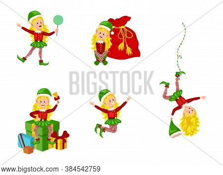 Christmas Elfs Kids Vector Children Santa Claus Helpers Cartoon Elfish Girls. Girl Elves With Green 