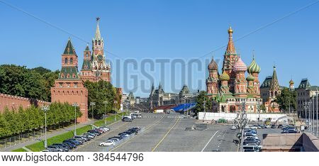Moscow Cityscape With Cathedral Of Vasily The Blessed (saint Basil's Cathedral) And Spasskaya Tower 