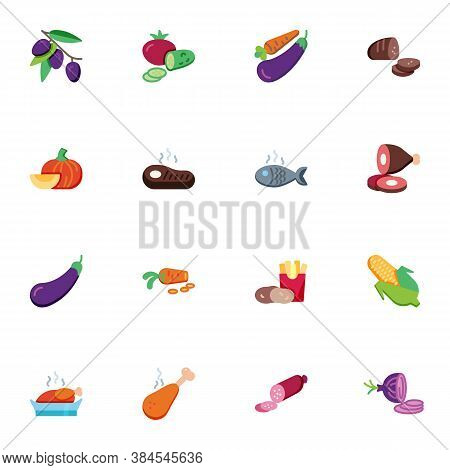 Food Collection, Flat Icons Set, Colorful Symbols Pack Contains - Fruit And Vegetable, Junk Food, Fr