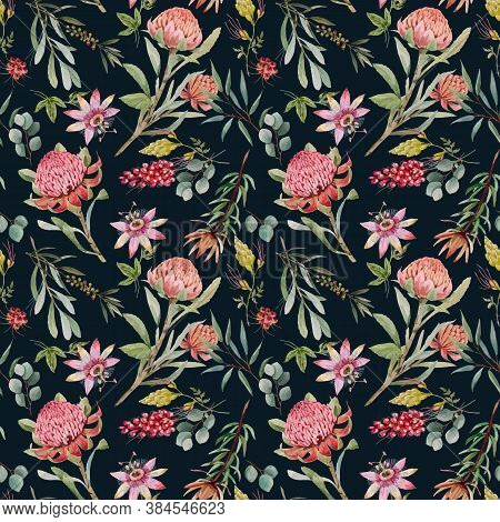 Beautiful Vector Seamless Floral Pattern With Watercolor Summer Protea And Passionflower Flowers. St