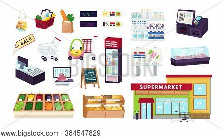 Supermarket, Grocery Store, Food Market Shop Icons Set Isolated On White Vector Illustrations. Showc