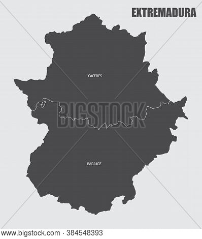 The Extremadura Region Map Divided In Provinces With Labels, Spain