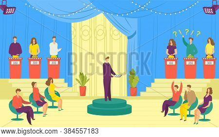 Television Show, Tv Game Vector Illustration. Tv Program Of Entertainment With Participants Answerin