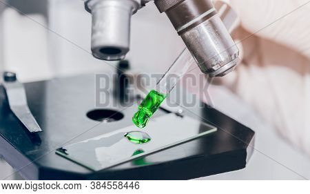 Scientist With Equipment And Science Experiments Laboratory Glassware Containing Chemical Liquid. He