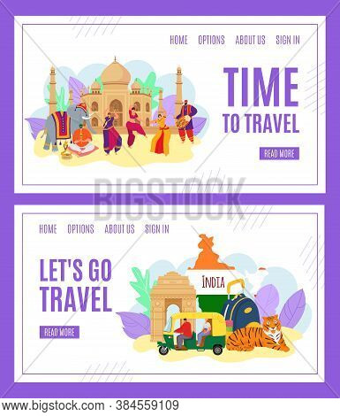 Time To Travel, India Tourism Banners Set Of Vector Illustration. India Landmark. Indians In Traditi