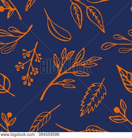 Autumn Leaf Seamless Pattern In Trendy 2020 Colors. Indigo Blue Vegetal Organic Background Design Wi