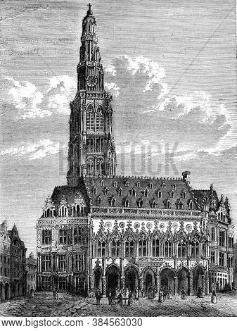 Arras Town Hall, Vintage engraving. From Popular France, 1869.