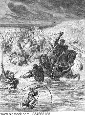 The English crossing the Somme at the Blanque-Taque, Vintage engraving. From Popular France, 1869.