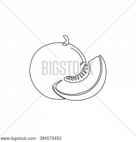 One Single Line Drawing Whole And Sliced Healthy Organic Melon For Orchard Logo Identity. Fresh Frui