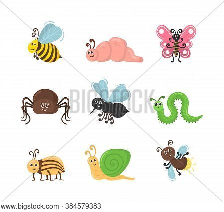 Cute Cartoon Bug Worm Funny Doodle Character In Flat Design. Set Of Kawaii Insect Isolated On White 