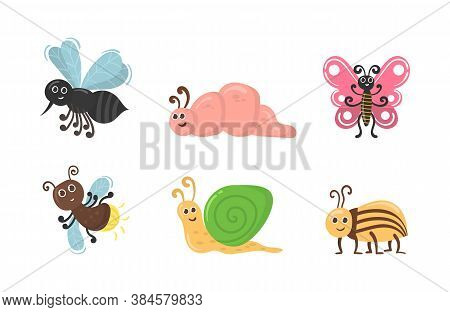 Cute Cartoon Bug Worm Funny Doodle Character In Flat Design. Set Of Kawaii Insect Isolated On White 