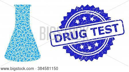 Drug Test Unclean Stamp And Vector Recursion Collage Chemical Retort. Blue Stamp Contains Drug Test 