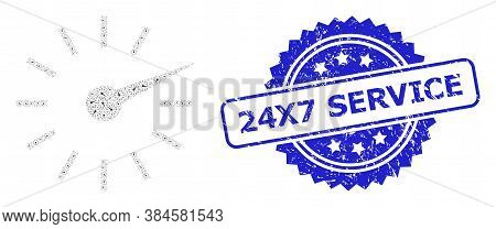 24x7 Service Corroded Seal And Vector Recursive Composition Clockface. Blue Stamp Seal Includes 24x7